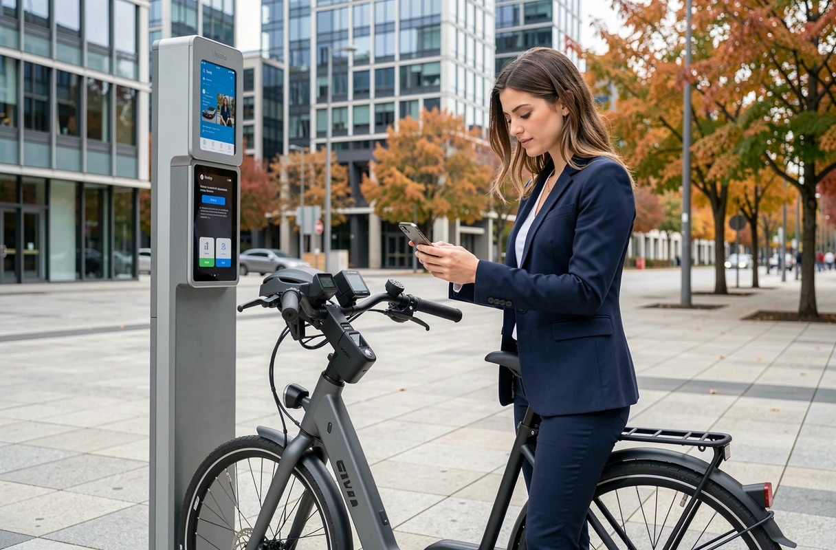 Une jeune professionnelle déverrouille un vélo électrique en libre-service dans un centre-ville moderne