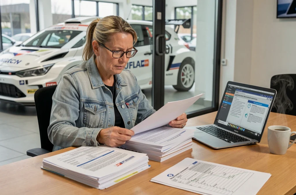 Femme examinant les documents d'homologation et le carnet d'entretien d'une voiture de rallye occasion chez un concessionnaire spécialisé