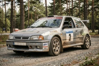 Voiture de rallye d'occasion homologuée route garée sur un terrain de gravier, visible cage de sécurité et livrée d'origine partiellement effacée