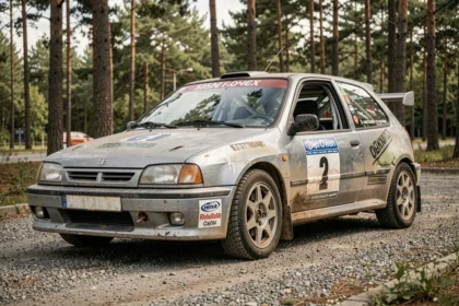 Voiture de rallye d'occasion homologuée route garée sur un terrain de gravier, visible cage de sécurité et livrée d'origine partiellement effacée