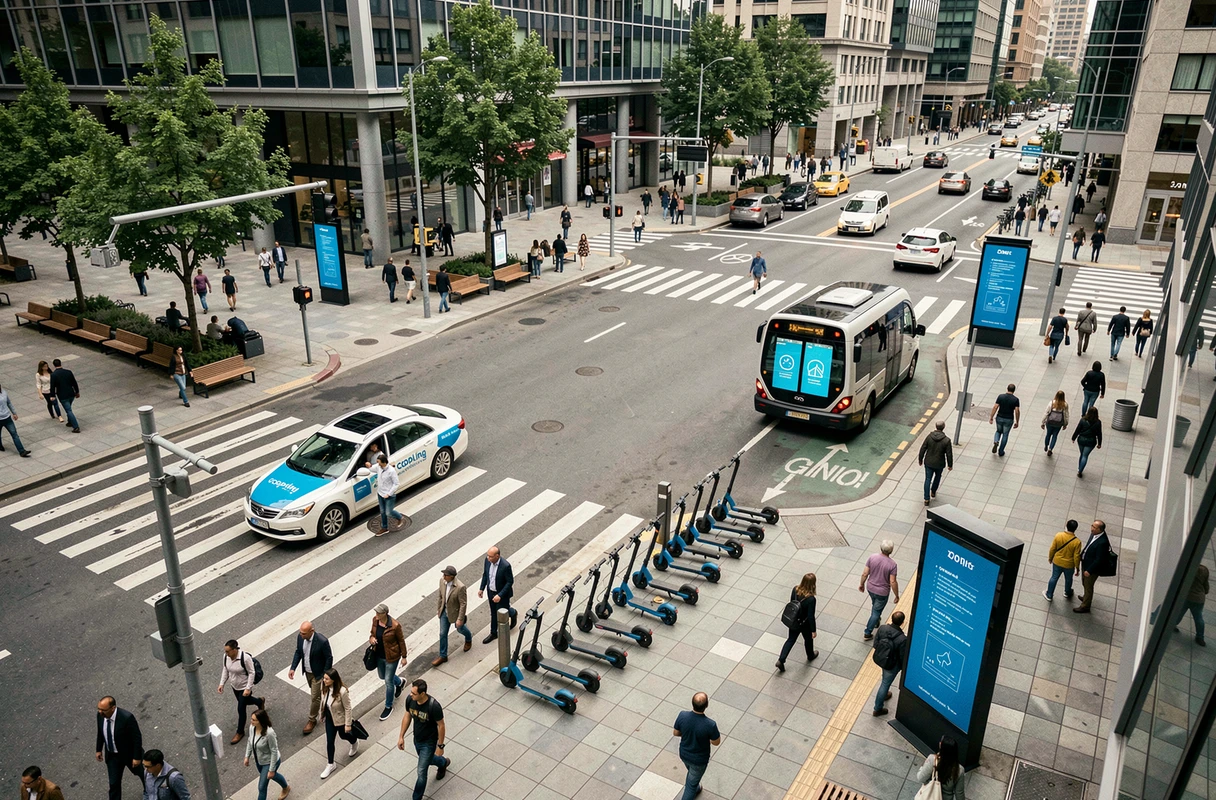 Vue aérienne d'un carrefour urbain illustrant plusieurs solutions de transport partagé coexistant en ville