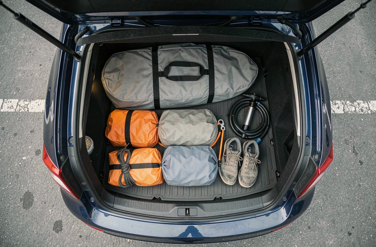 Vue aérienne du coffre d'un break aménagé avec un SUP gonflable et des accessoires nautiques organisés pour le transport