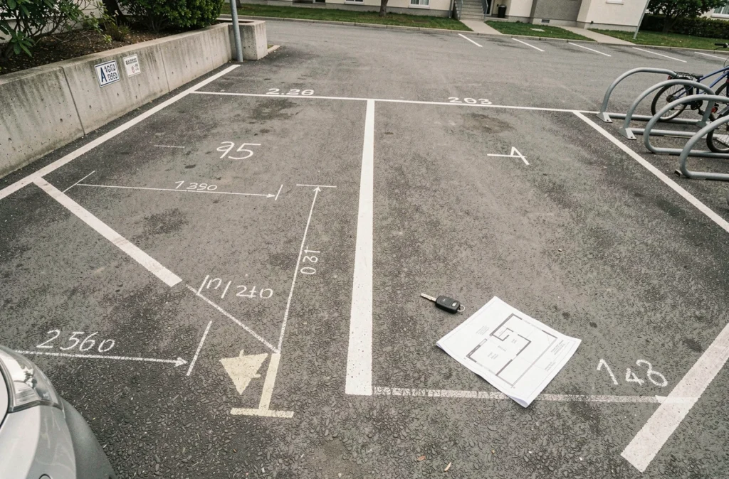 Vue aérienne de deux places de parking délimitées en copropriété avec plan et clés de voiture sur le sol