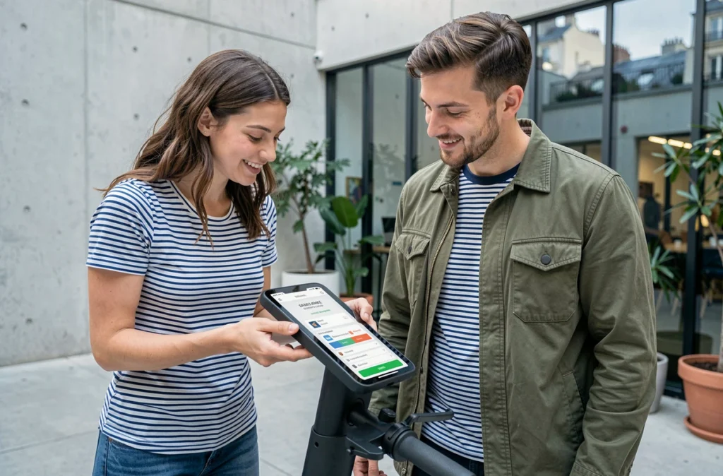 Deux amis consultant l'interface numérique d'un scooter électrique dans une cour de co-working moderne à Paris