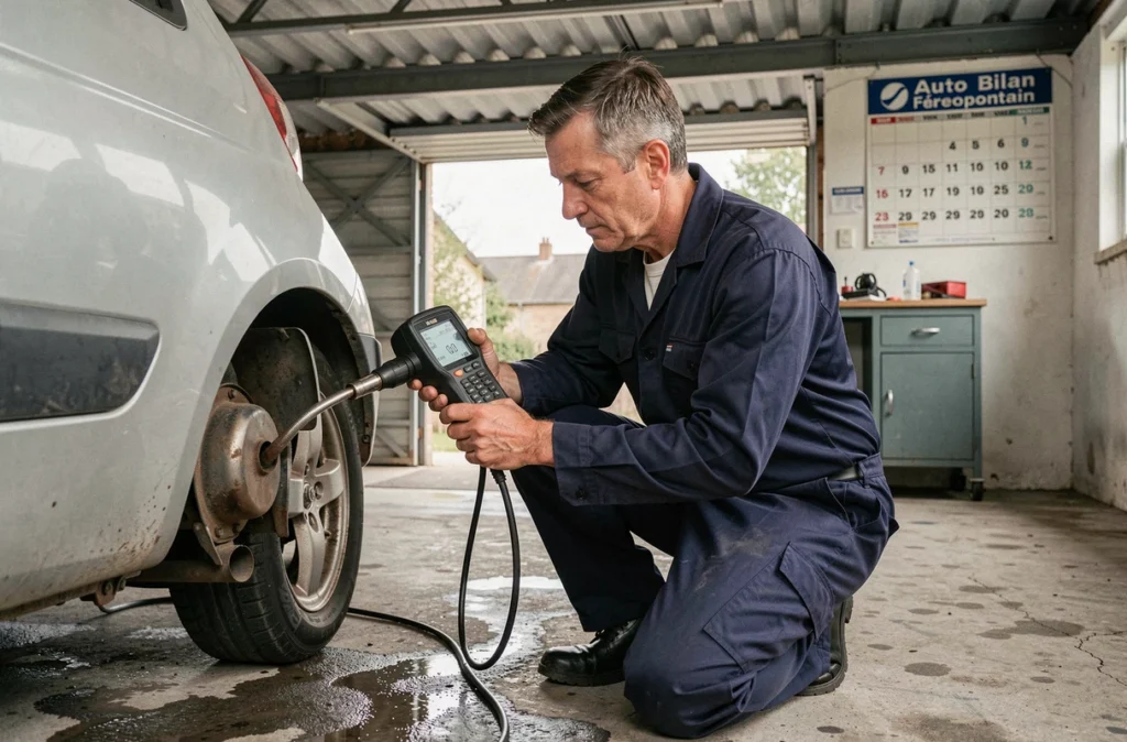 Technicien d'Auto Bilan Féréopontain effectuant un contrôle des émissions d'échappement sur une petite voiture avec un analyseur portable