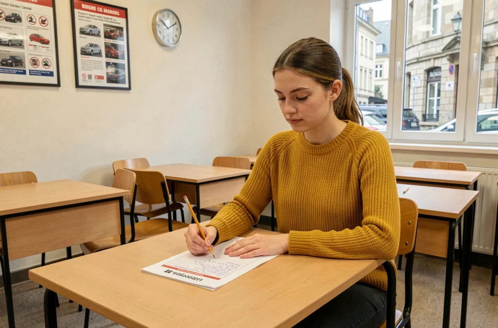 Élève de l'auto-école Dany à Metz concentrée sur un examen blanc du code de la route