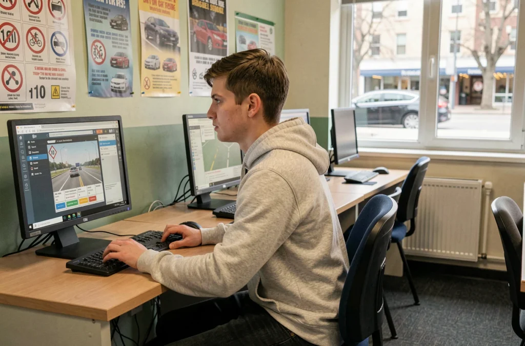 Étudiant en formation code de la route sur ordinateur dans les locaux d'Educarest