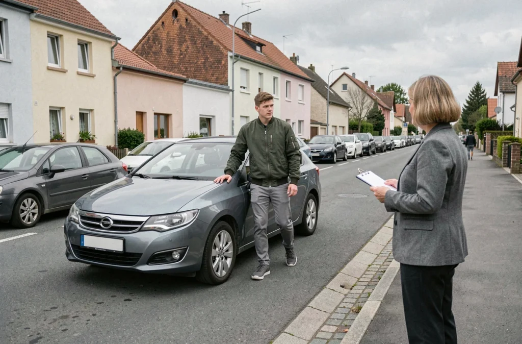 Élève de l'auto-école Kissel effectuant un créneau sous la supervision d'un moniteur