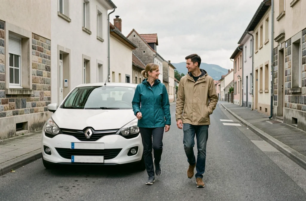 Monitrice et élève de l'auto-école Larger se dirigeant vers le véhicule de formation à Sarrebourg