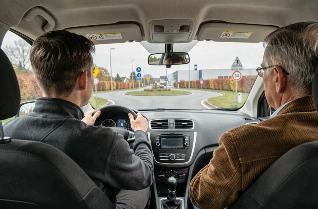 Élève au volant avec son moniteur lors d'une leçon de l'auto-école Schoun à Forbach