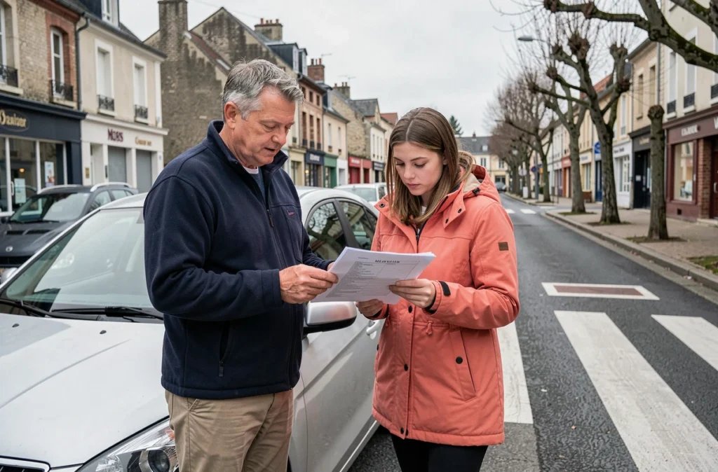 Moniteur de l'auto-école Thil révisant le planning de leçon avec une élève en ville