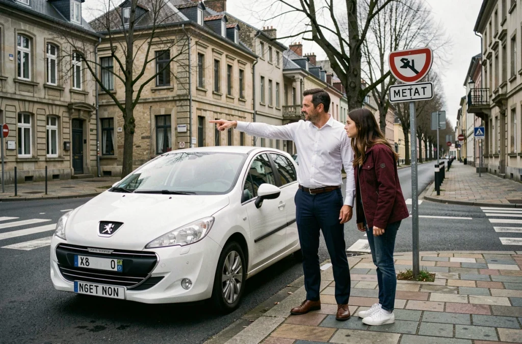Moniteur de l'auto-école du XXe Corps expliquant un panneau de signalisation à une élève à Metz