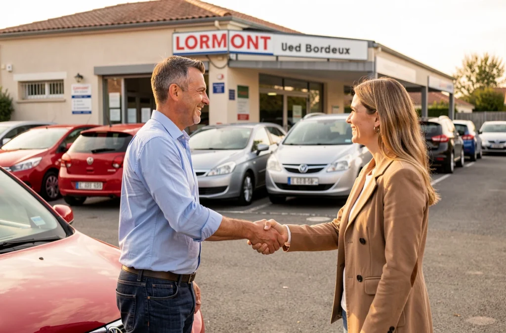 Vendeur Clément Automobiles à Lormont serrant la main d'une cliente