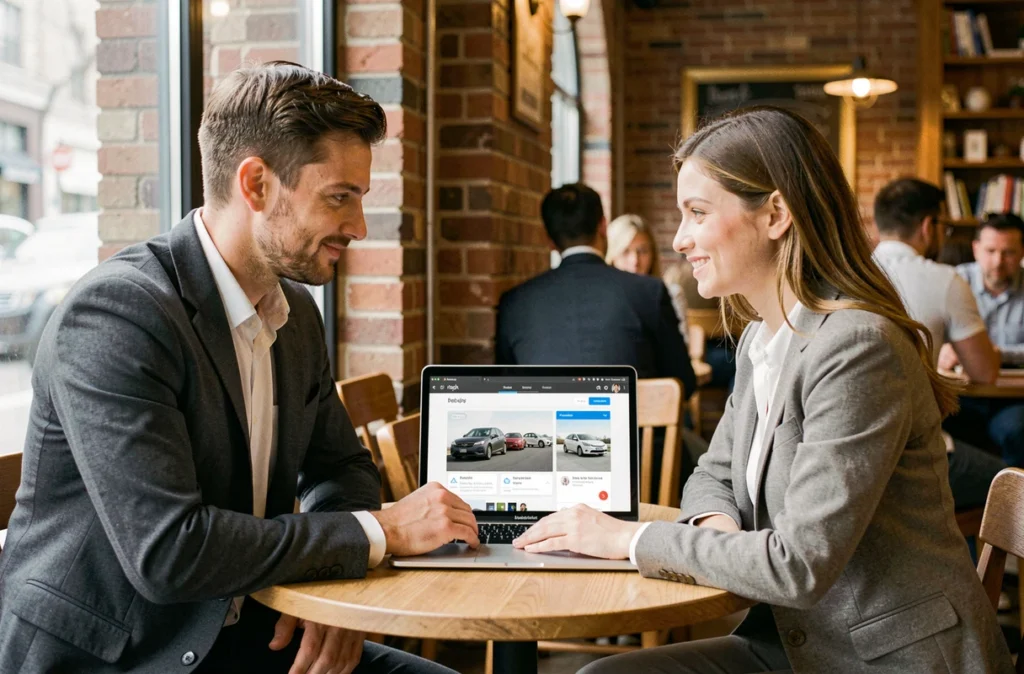 Deux collègues comparant les temps de trajet voiture et covoiturage sur un ordinateur portable dans un café