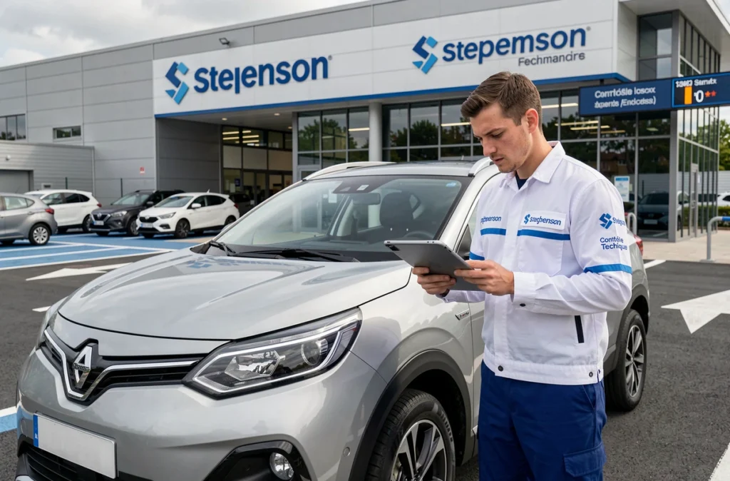 Inspecteur Contrôle Technique Stephenson effectuant un tour du véhicule avec une tablette dans la cour extérieure du centre de contrôle technique