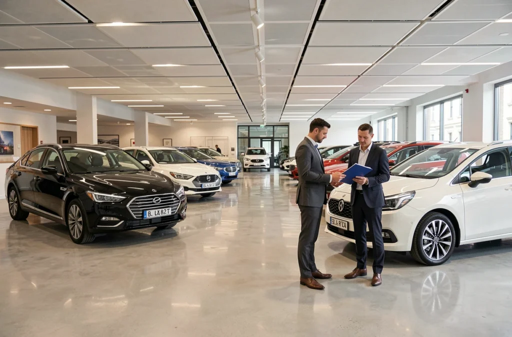 Showroom intérieur Distinxion Bordeaux avec vendeur et véhicules d'occasion premium