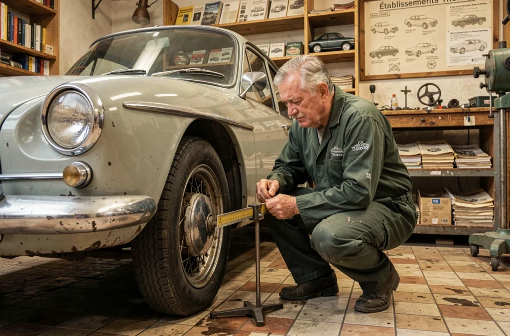 Technicien expérimenté des Établissements Therrey inspectant la géométrie de direction d'une vieille voiture française dans un atelier de contrôle technique indépendant