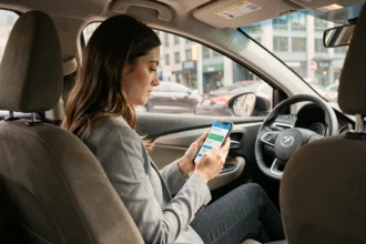 Femme comparant les temps de trajet en covoiturage sur son smartphone dans une voiture en ville