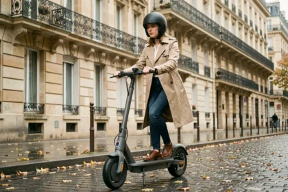 Jeune femme avec casque noir montant un scooter électrique gris mat dans une rue parisienne aux façades haussmanniennes en automne
