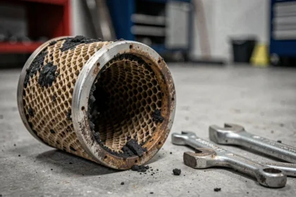 Filtre à particules diesel encrassé retiré du véhicule, posé sur le sol d'un atelier mécanique avec des dépôts de suie visibles sur la structure céramique en nid d'abeille