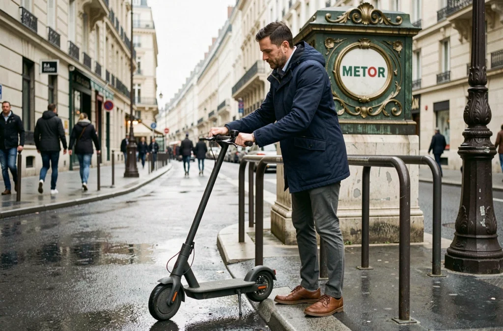 Homme garant un scooter électrique près d'une entrée de métro parisien Art Nouveau avec station de parking dédiée