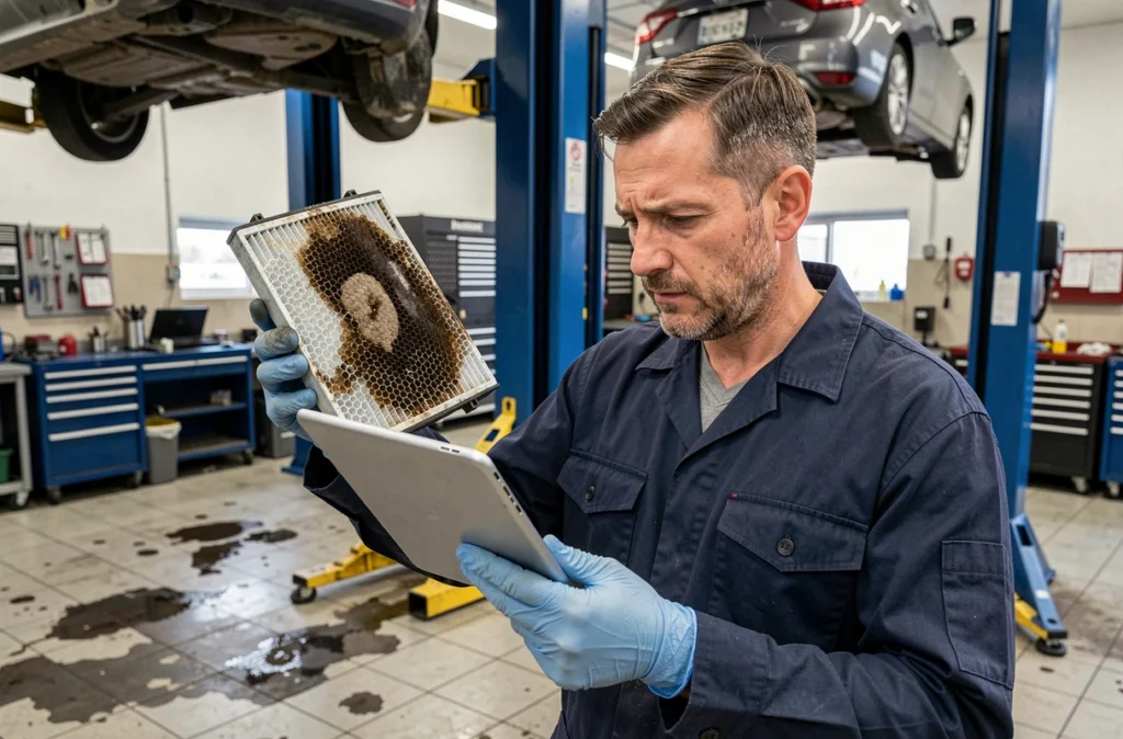 Mécanicien automobile inspectant un filtre à particules obstrué avec une tablette de diagnostic dans un garage de réparation moderne