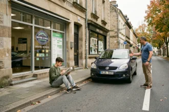 Vue d'ensemble d'une auto-école en Moselle avec un instructeur et un élève devant un véhicule de formation