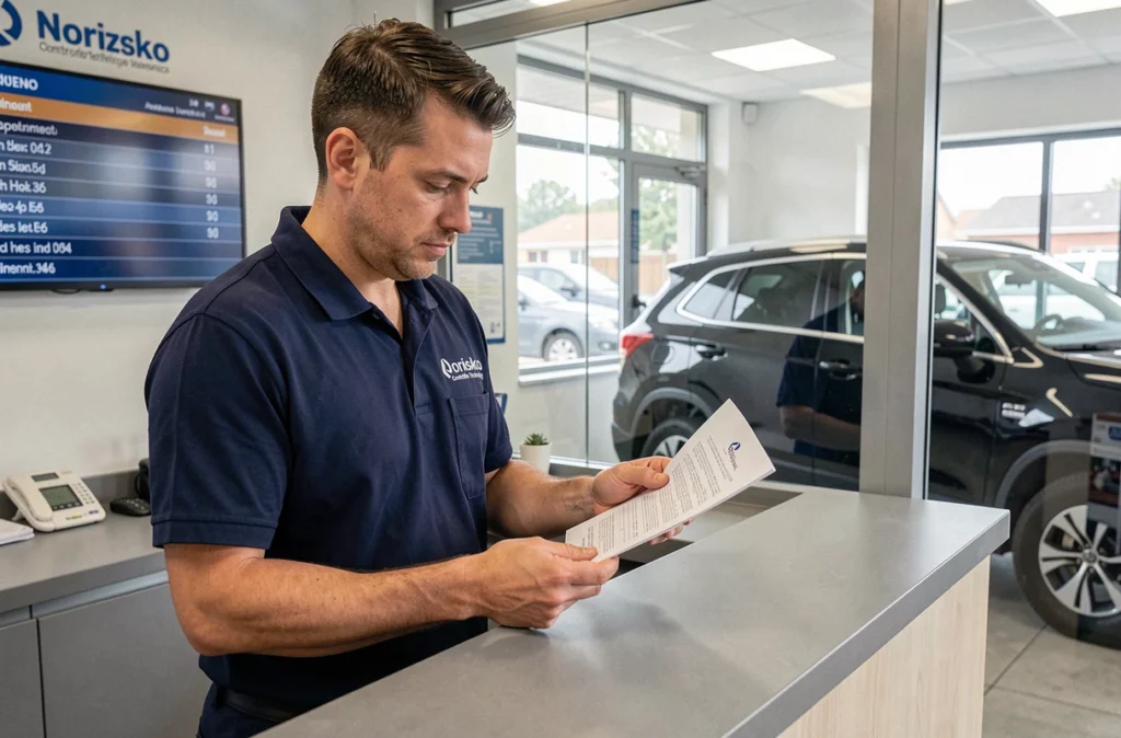 Inspecteur Norisko Contrôle Technique Auto examinant un rapport de contrôle à la réception d'un centre technique avec un SUV visible en arrière-plan