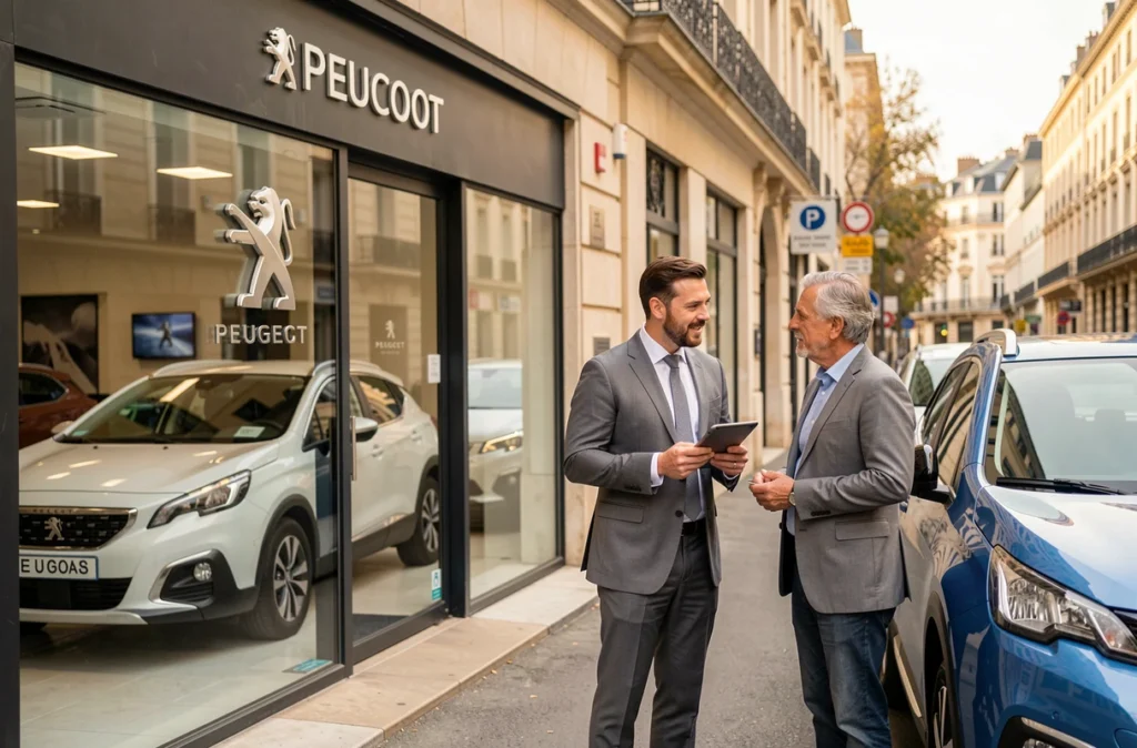 Concession Peugeot Garage Alfred Daney à Bordeaux avec vendeur et client