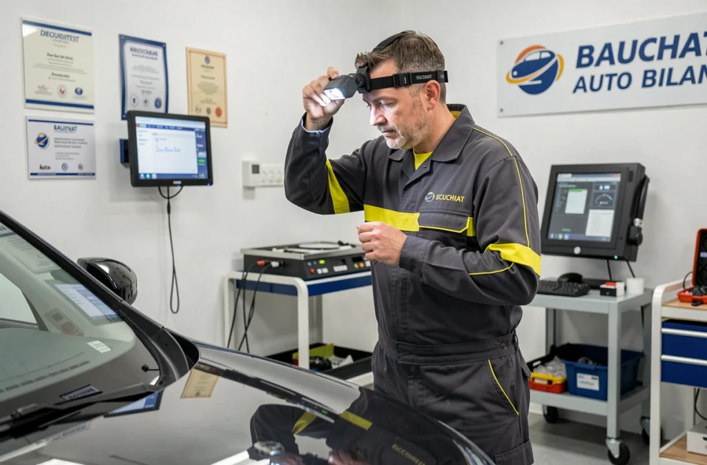 Technicien Securitest Bauchat Auto Bilan réglant les phares d'un véhicule avec un appareil de contrôle optique dans le centre de contrôle