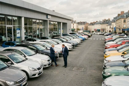 Vue large d'un lot de voitures d'occasion en Gironde avec vendeur et clients