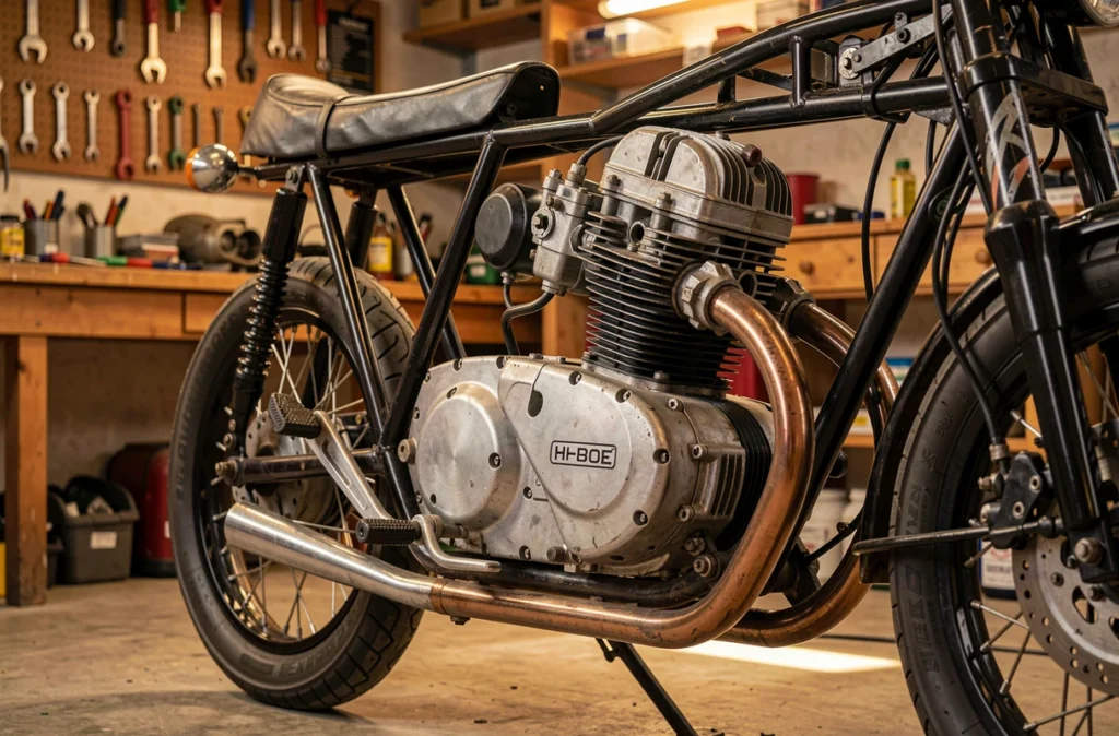 Bicylindre à plat refroidi par air monté dans un cadre de moto artisanale