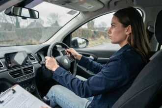 Jeune femme en cours de conduite dans une auto-école du Pas-de-Calais, mains sur le volant dans une voiture moderne