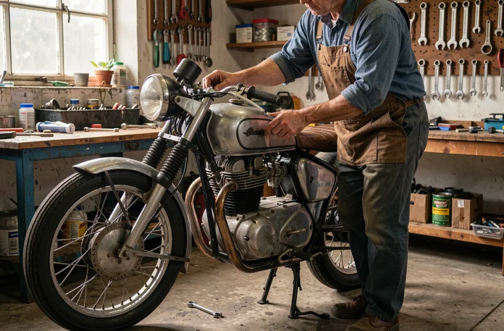 Mécanicien vérifiant le moteur d'une moto ancienne dans un garage